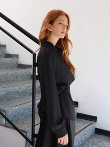 SILVIA DI SANTO 女士金属装饰长灯笼袖长衬衫，优雅时尚 - 黑色 - 查看 6