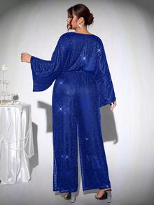 Firerie Bộ đồ liền thân ống rộng tay cánh dơi đính sequin màu trơn cỡ lớn dành cho nữ - Màu xanh lam - Xem 2
