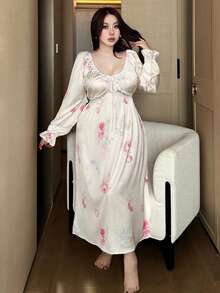 Dazy Plus Plus Size Elegant Floral V-Neck Contrast Lace Cinched Waist Maxi Dress With Flare Sleeves, Sleepwear - Apricot - View 6