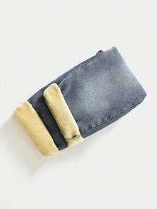 SHEIN Young Boys Loose Fit Blue Denim Thermal Lined Pants, Autumn/Winter - Dark Wash - View 8