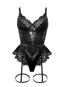 SHEIN 2pcs/Set Women Lace Patch Sexy Bodysuits (No Underwired/Garter Strap) Underwear Outer For Going Out, Baddie Look - Black - View 4