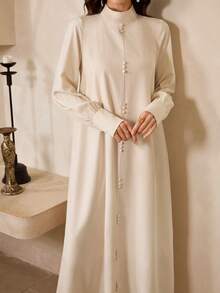 Al Najma Women's Elegant Party Solid Color Stand Collar Arabic Style Dress - Beige - View 2