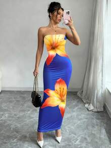Arcane Artistry Women's Elegant Commuter Floral Print Fitted Dress - Blue - View 1