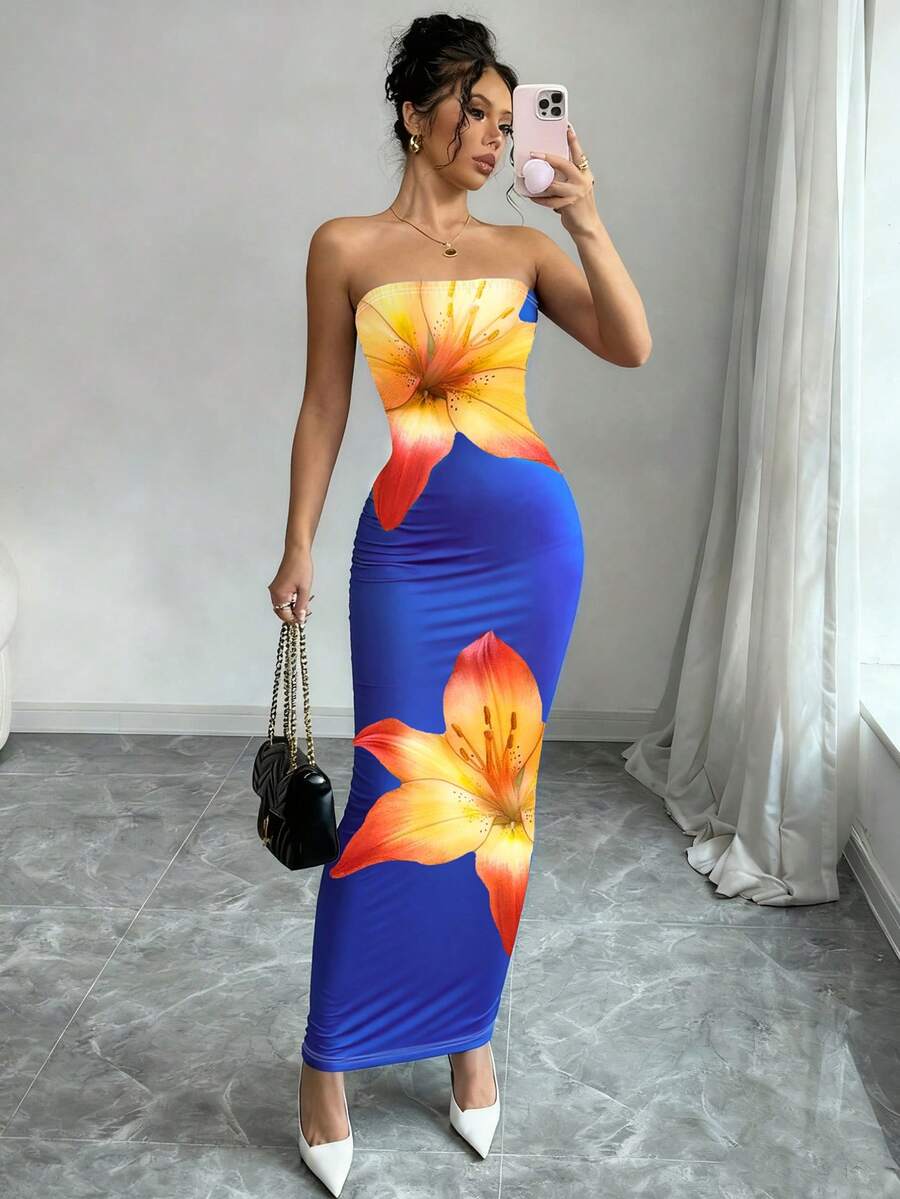 Arcane Artistry Women's Elegant Commuter Floral Print Fitted Dress - Blue - View 1
