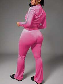 Zyxie Women's Sequin Patchwork Velvet Zipper Front Pocket Jacket And Flare Pants Casual Suit - Hot Pink - View 2