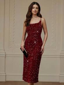 Aveloria Rosie فستان ضيق مثير مزين بكثافة بالترتر لأجواء الأعياد والكريسماس ورأس السنة الأنيقة للسيدات - الأحمر - مشاهدة 5