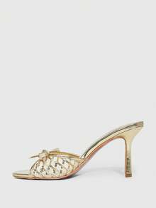CUCCOO SZL Casual Fashion Bow Decor Open Toe Women Heeled Sandals For Christmas - Gold - View 5