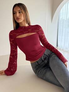 Aloruh Wine Red Lace Flare Sleeve Slim Fit Hollow Out Women T-Shirt - Red - View 8