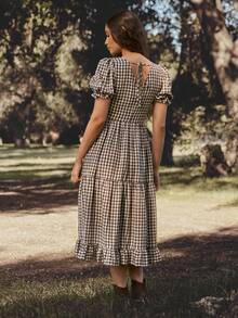 WESTFADE Gingham V-Neck Bow Front Puff Sleeve Tiered Ruffle Midi Skirt W/ Slit - Multicolor - View 6