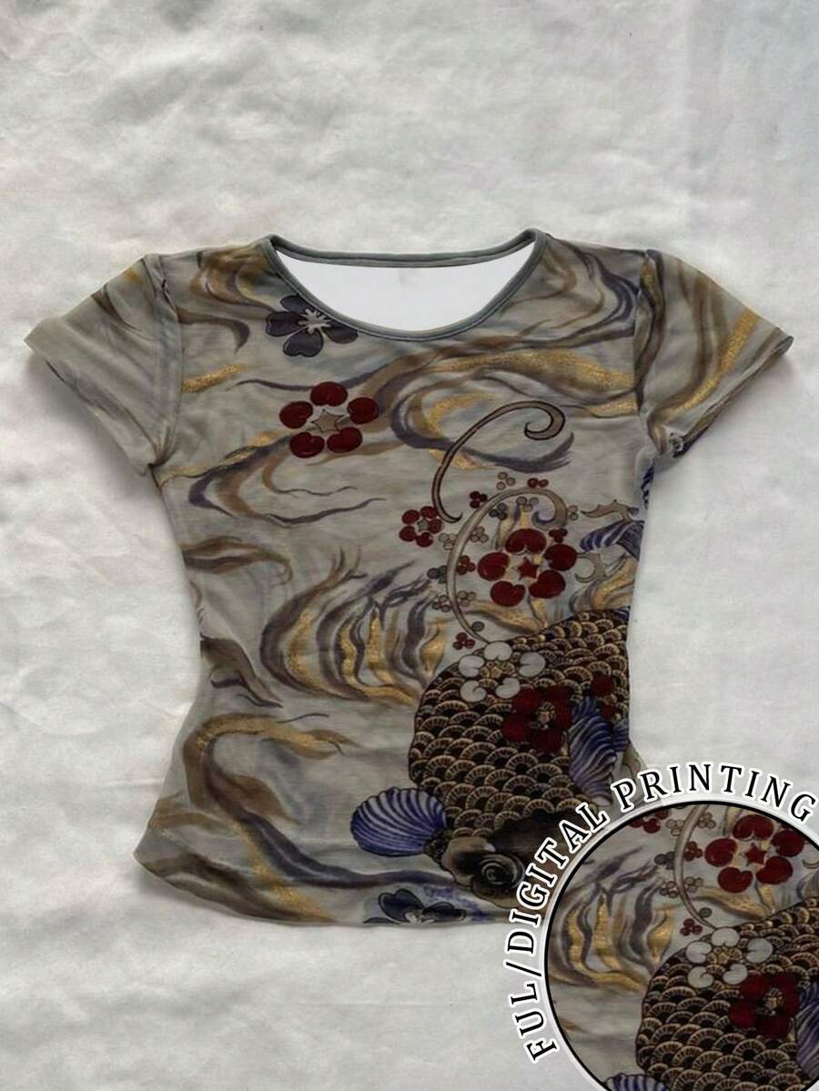 SHEIN Áo thun nữ cổ tròn tay ngắn in hoa thường ngày, mặc hàng ngày - Nhiều màu - Xem 1