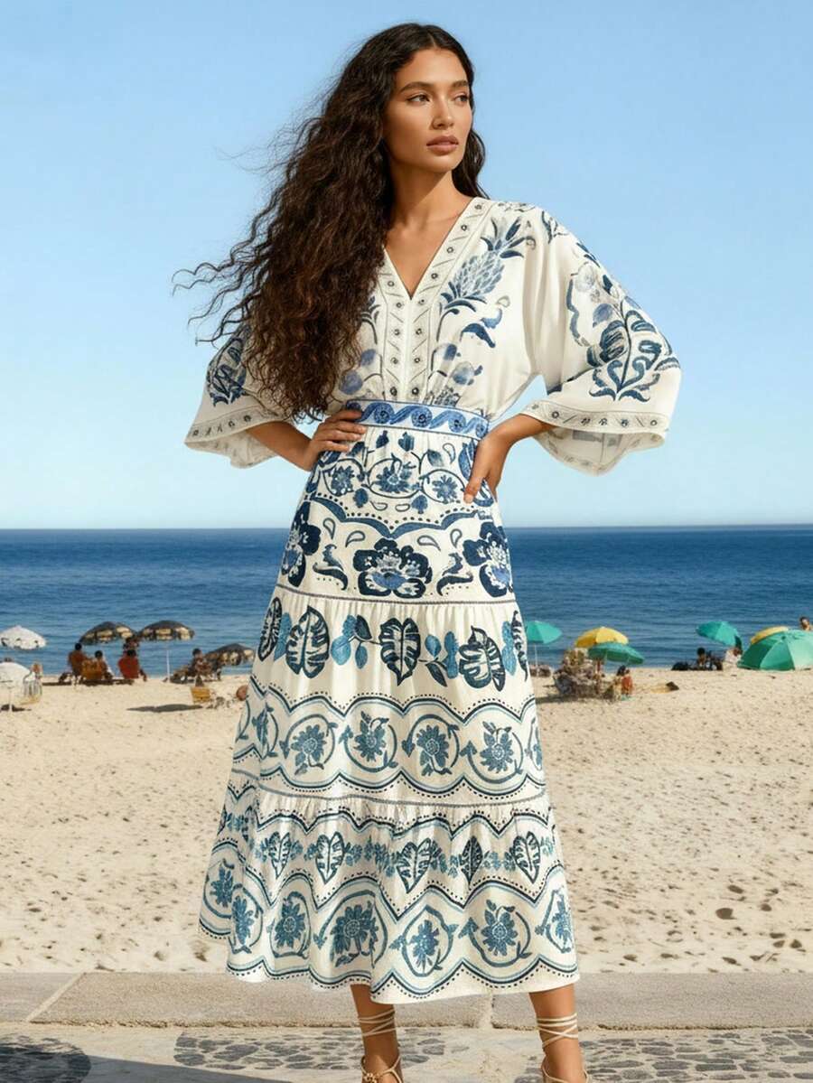 CAJUNI 女款波西米亞風熱帶杜鵑花、椰子樹、卡拉蒂亞印花休閒寬鬆沙灘裙 - 彩色 - 查看 1