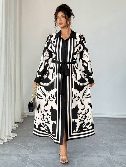 Elenzga French Retro Positioning Print Long Sleeve Shirt Dress With Waist Belt And Bow Tie, Suitable For Vacation, Commuting, Shopping And Other Occasions, Spring/Autumn