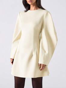 LYSMO Casual Solid Color Waist Cinched Long Sleeve Mini Dress For Women - Apricot - View 6