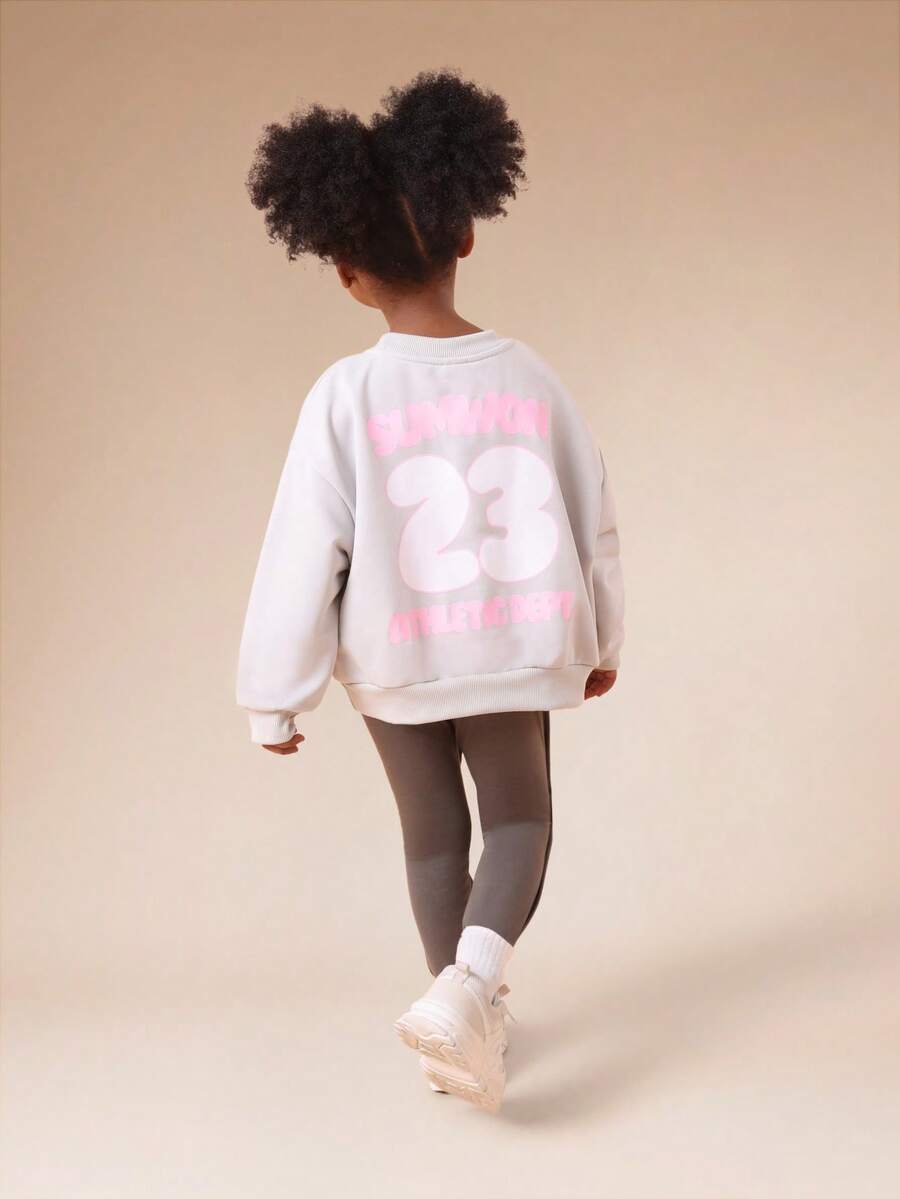 SUMWON 幼儿圆领长袖卫衣和修身打底裤套装，粉色数字印花，休闲度假风 - 灰色 - 查看 1