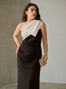 MOTF PREMIUM 大码女式撞色大蝴蝶结单肩派对连衣裙，春夏款 - 黑與白 - 查看 8