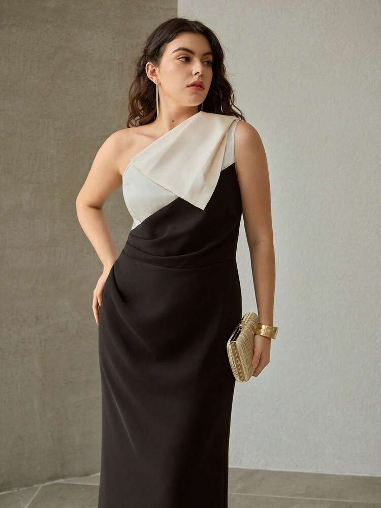 VESTIDO DE FIESTA DE TALLA GRANDE PARA MUJER CON BLOQUE DE COLOR, LAZO GRANDE EN EL HOMBRO Y UN SOLO HOMBRO, PRIMAVERA/VERANO