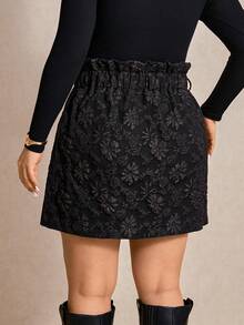 Elaquor 大码女式荷叶边腰部花卉提花纽扣设计优雅半身裙 - 黑色 - 查看 2