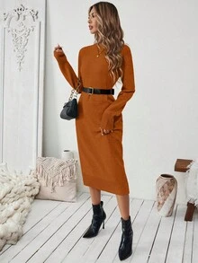 SHEIN LUNE 女士橙色直筒简约百搭毛衣连衣裙 - 橘色 - 查看 4