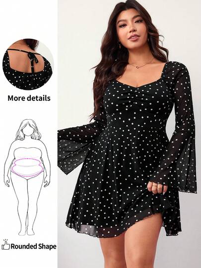 Enliva Plus Size Casual Polka Dot Print Long Sleeve Dress, Autumn/Winter/Fall For Women, Friendly To Round Body Curves, Valentine's Day, Love, Gift, Romance, Happy Valentine's Day, 2026 New Year Outfit For 2026 New Year Leisure Occasions And Valentine's Day, For Apple & Rounded Body Shape