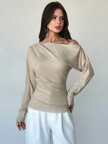 Firerie Women's Elegant Unique Asymmetrical Shoulder Ruched Long Sleeve T-Shirt,Khaki Thermal Lined Pullover,Autumn Brunch Elegant Casual Waist Pleated Top - Apricot - View 4