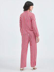 Loungeista 女士宽松纽扣条纹长袖上衣和松紧腰裤家居服套装（2件套），冬季服装 - 紅白色 - 查看 2