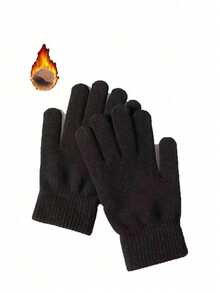 1 Pair Unisex Winter Warm Cold-Proof Fleece Knitted Hand Warmers Black Gloves Full Finger Knitted Gloves Women Men Thicken Warm Outdoor Cycling Gloves - Multicolor - View 10