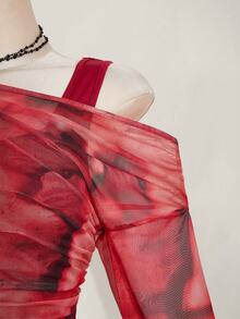 SHEIN ICON 大码女式扎染图案二合一上衣 - 酒紅色 - 查看 7
