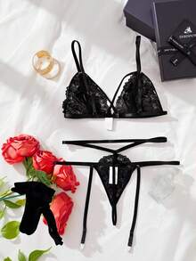 SHEIN 4pcs Set Sexy Lace Bustier Bra And Garter Belt With Fishnet Stockings For Going Out - Black - View 2