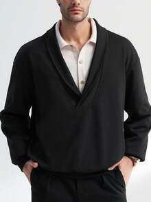 Manfinity Dauomo Men's Casual Solid Color Long Sleeve Pullover Sweatshirt - Black - View 3