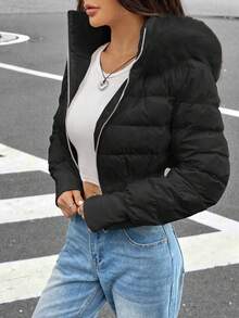 SHEIN EZwear Women's Zip-Up Hooded Short Jacket With Fur Collar And Waist Cinching, Winter - Black - View 5