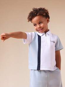 SUMWON Boys Short Sleeve Color Block Polo Top With Matching Shorts Summer Co-Ord Set With Collared Neckline And Chest Logo Casual Vacation - Baby Blue - View 3