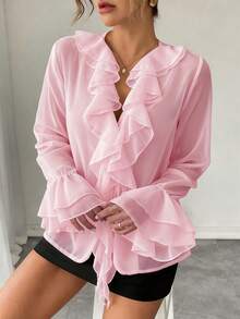 Rafferiza French Elegant Solid Color Chiffon Lantern Sleeve V-Neck Tie Waist Loose Regular Blouse For Women, Autumn Fall Cloth For Women - Pink - View 3