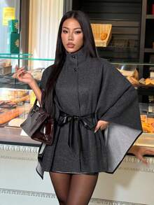 SHEIN PETITE 女士纯色腰带高领优雅大衣，秋冬款 - 灰色 - 查看 7