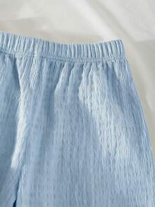 Genkimix Kids 女童休闲时尚度假草莓钩编蕾丝边吊带背心和松紧腰宽松纹理面料长裤套装 - 藍色 - 查看 4