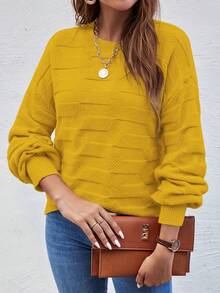 EMERY ROSE Plus Size Solid Color Casual Pullover Sweater, Autumn/Winter - Mustard Yellow - View 4