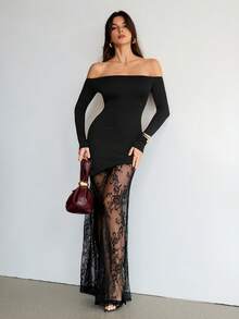 SHEIN Tall Women's Elegant Romantic Date Sexy Party Black Off Shoulder Long Sleeve Lace Waist Tight Asymmetrical Hem Lace Patchwork Maxi Dress, Autumn - Black - View 6