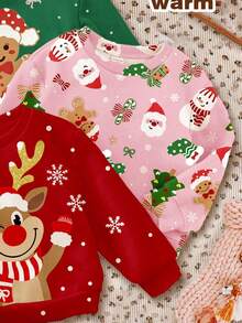 3 Stücke Baby Mädchen Weihnachts-Rentier, Schleife Lebkuchen, Weihnachtsmann, Weihnachtsbaum Grafik lässige weite dicke weiche bequeme Rundhals Langarm Sweatshirts, geeignet für Herbst/Winter Alltag, Weihnachten, Straßenmode, Zuhause - Verschiedenfarbig - Übersicht 4