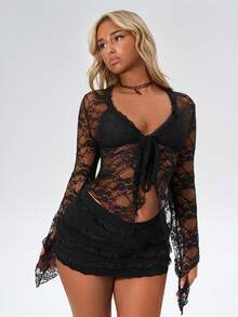 Amplova Women's Lace Long Sleeve Two Pieces Set, Sexy & Avant-Garde Sheer Lace Long Sleeve Coverup With Multi-Layer Cake Skirt, Super Short And Ultra Low Waist Mini Skirt Black See Through Two Pieces Set - Black - View 14