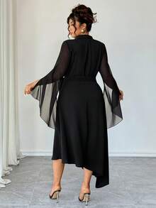 Elenzga Plus Size V-Neck Criss-Cross Tie Wrap Asymmetric Hem Chiffon Long Sleeve Dress, Elegant French Style Versatile Commuter Black Autumn Dinner Dress - Black - View 2
