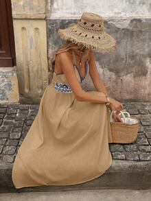 Brillora 女士度假休闲几何印花露背吊带连衣裙 - 卡其色 - 查看 3