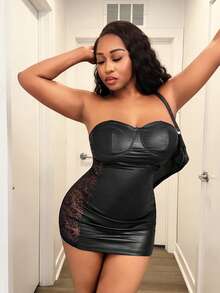 BamGleam Ladies' Strapless Backless Lace-Spliced See-Through Black Mini Dress, Coated Bodycon Elegant Party Outfits For Summer, Techno, Club Night, Rave - Black - View 5