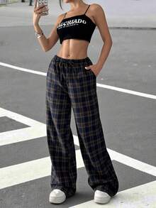 SHEIN EZwear 格纹印花抽绳腰带斜口袋宽松休闲阔腿裤