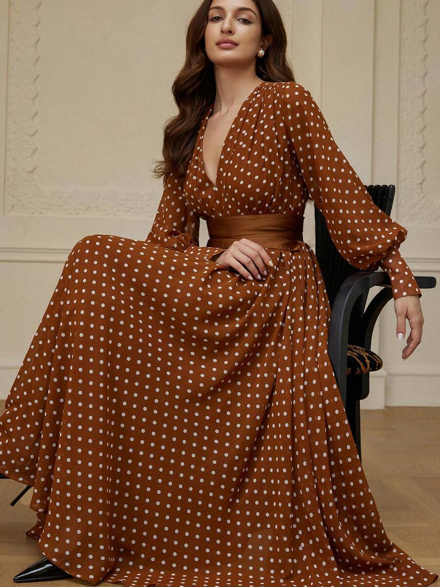 Aveloria Rosie Váy dài tay xòe eo chấm bi màu nước thanh lịch, thời trang & đa năng, mùa thu/đông - Nhiều màu - Xem 1