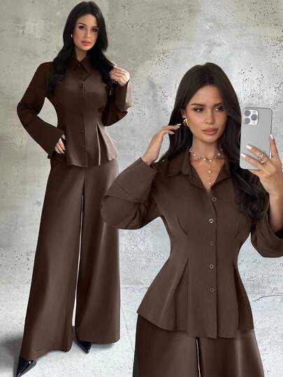 Firerie 女士休闲优雅收腰棕色长袖衬衫和阔腿裤套装，适合日常通勤，商务，工作制服，教师装/秋季女装/秋季套装/返校女装/教师衬衫套装/商务休闲女装套装，女士春秋冬装，优雅女士衬衫套装，春秋冬装，优雅，通勤，工作装，返校季