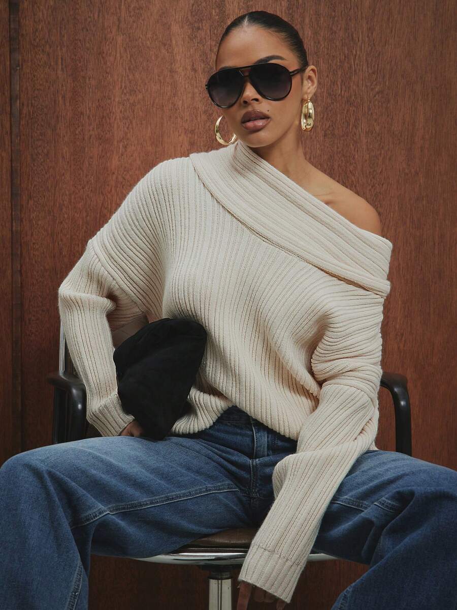 Hauture Off Shoulder Solid Color Sweater, Fashionable For Commuting, Autumn/Winter