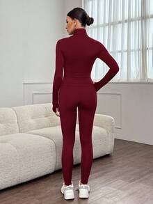 SHEIN Tall 3pcs Black Knit Women Sports Set, Tall Version With Extended Length, Suitable For Summer & Autumn - Burgundy - View 2