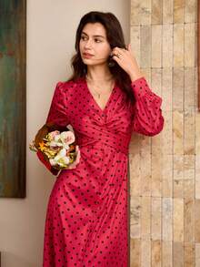 SHEIN Unity Elegant Red And Black Polka Dot Hem Slit Long Sleeve Women Maxi Dresses,Autumn Winter Formal Party Dresses For Women,Christmas Party Dress - Red - View 5