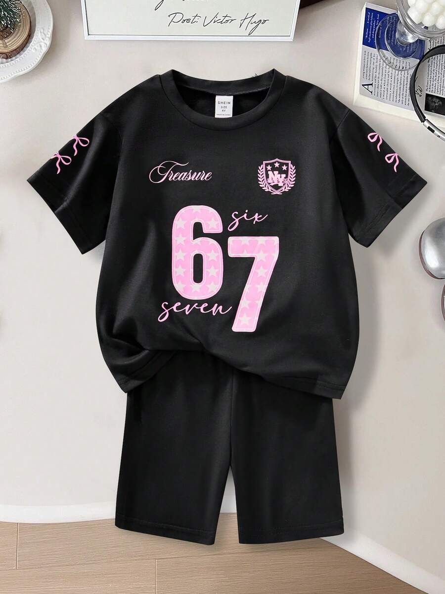 SHEIN 2件套女童休闲可爱简约67号印花圆领短袖T恤和短裤,黑色 - 黑色 - 查看 1