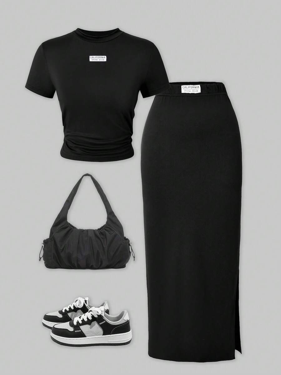 SHEIN 2pcs/Set Teen GirlKnitted Black Cropped Top And Long Skirt Casual Outfit