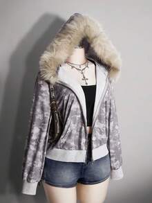 SHEIN ICON Áo nỉ rộng cổ lông họa tiết rằn ri cỡ lớn cho nữ - Xám - Xem 4